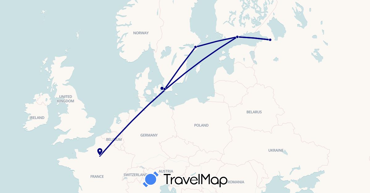 TravelMap itinerary: driving in Denmark, Finland, France, Russia, Sweden (Europe)